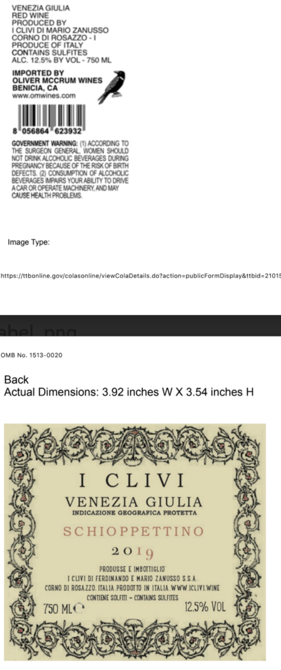 TABC label artwork for I Clivi Schioppettino