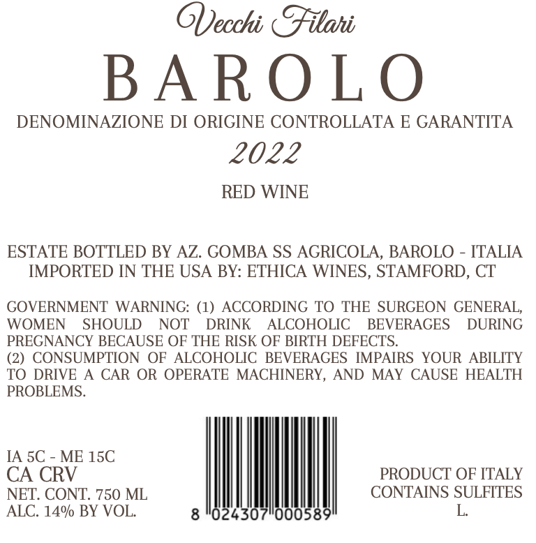 TABC label artwork for Vecchi Filari Barolo DOCG