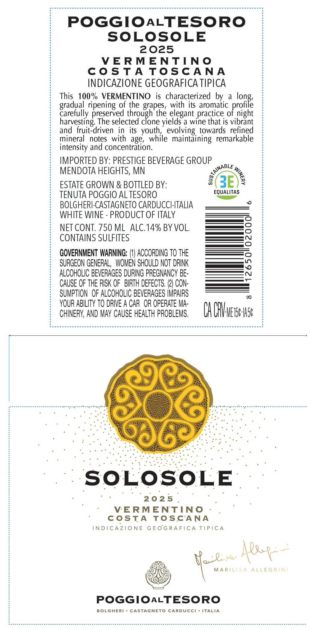 TABC label artwork for Poggio al Tesoro Solosole Vermentino 2025 750ml 12pk 14ABV