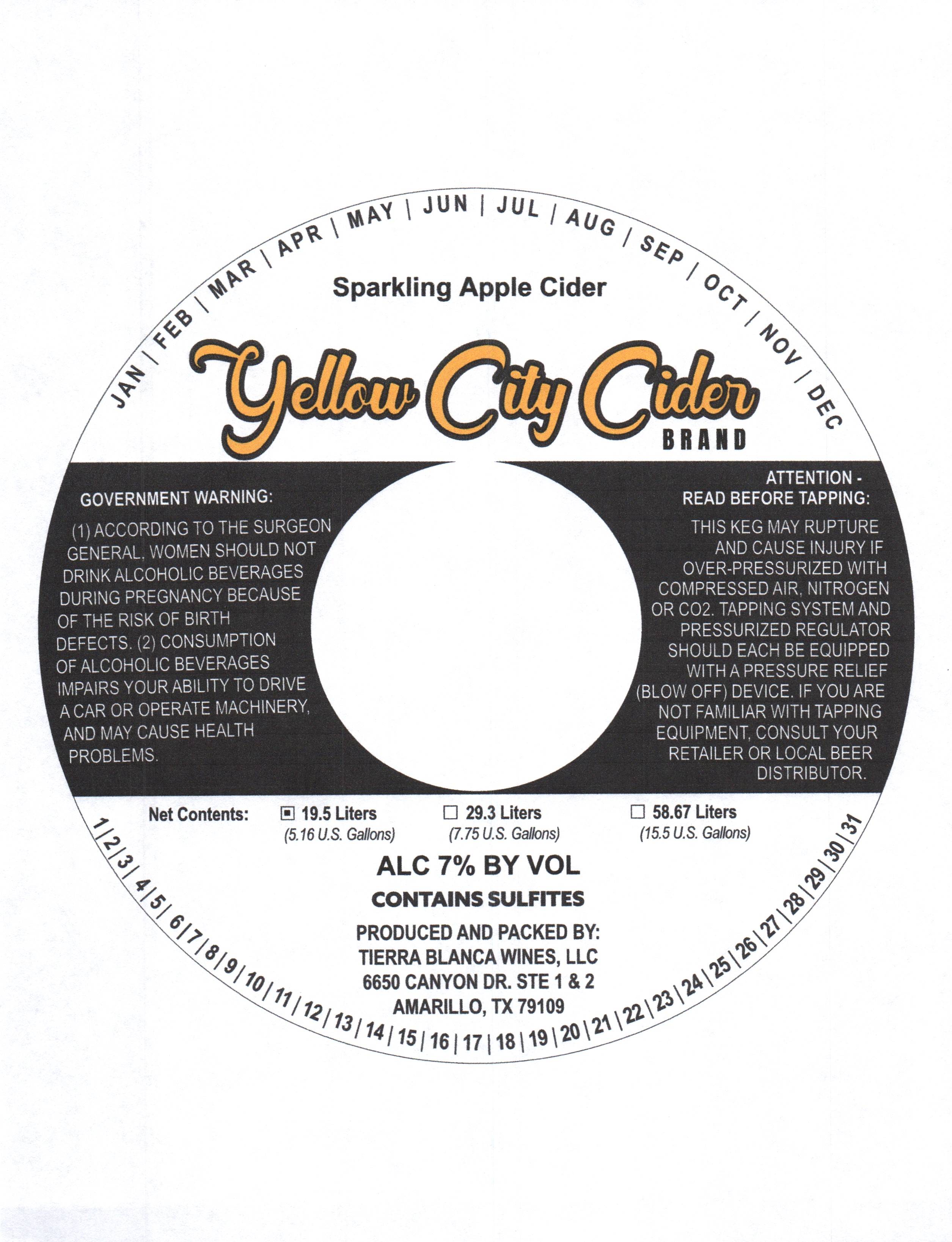 TABC label artwork for YELLOW CITY CIDER BRAND SPARKLING APPLE CIDER