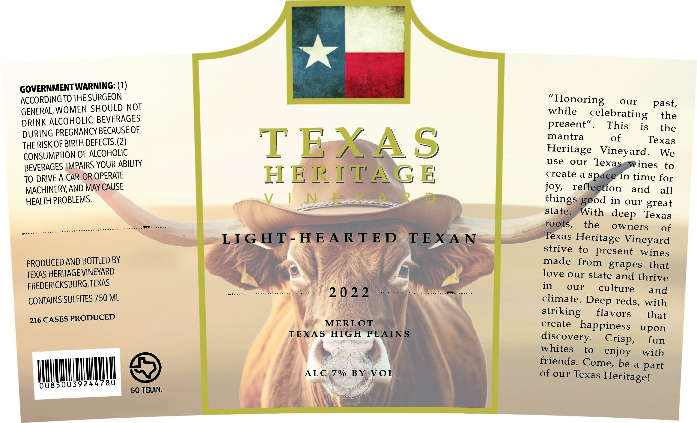 TABC label artwork for TEXAS HERITAGE VINEYARD 2022 LIGHT-HEARTED TEXAN