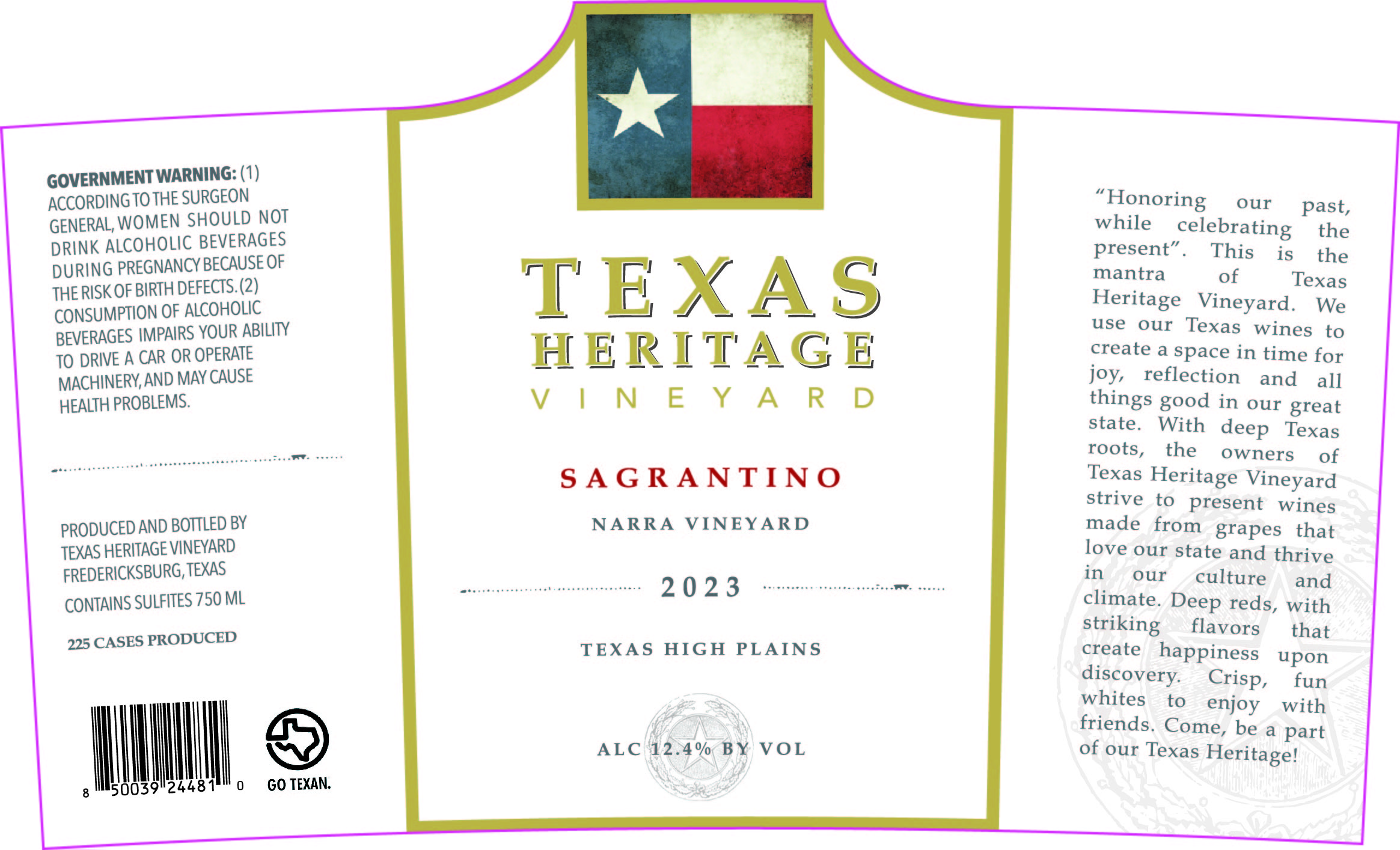 TABC label artwork for TEXAS HERITAGE VINEYARD 2023 SAGRANTINO