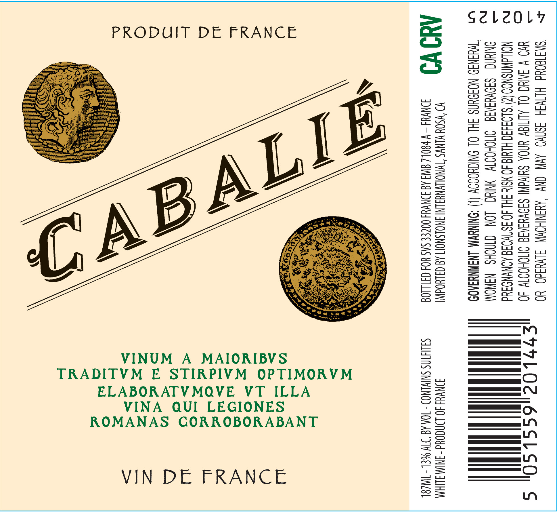 TABC label artwork for Cabalie Vin de France White Wine, France