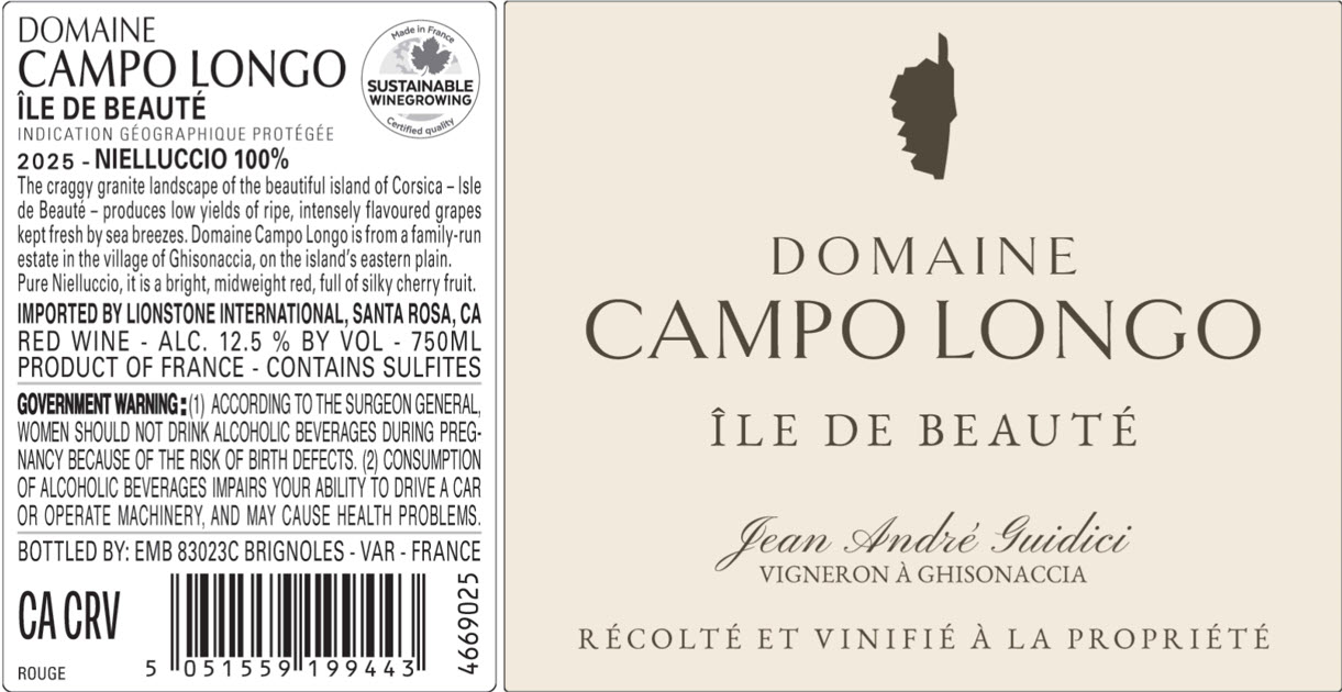TABC label artwork for Domaine Campo Longo Ile de Beaute Nielluccio, France