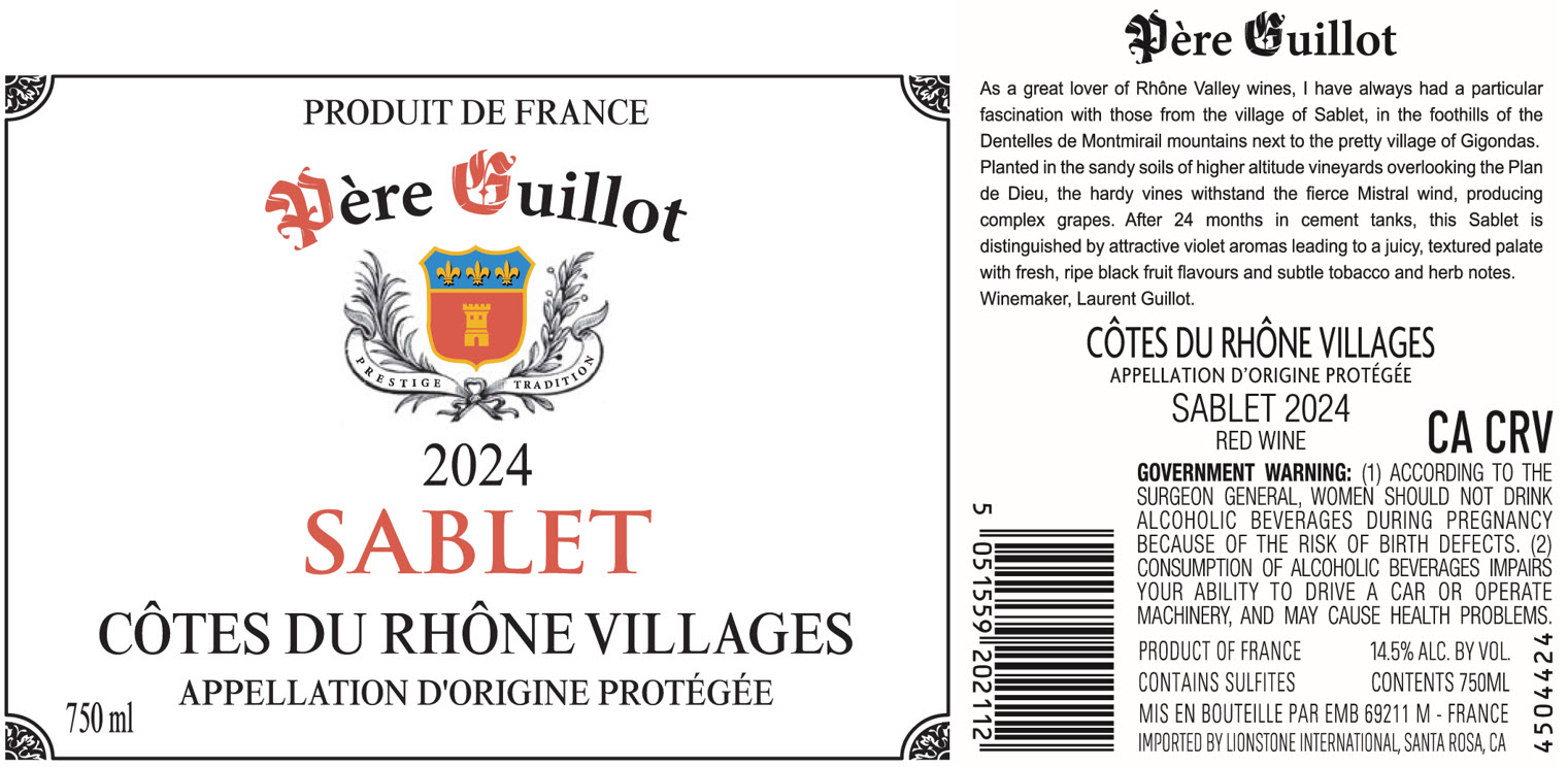 TABC label artwork for Pere Guillot Sablet Cotes du Rhone Villages Red Wine, France