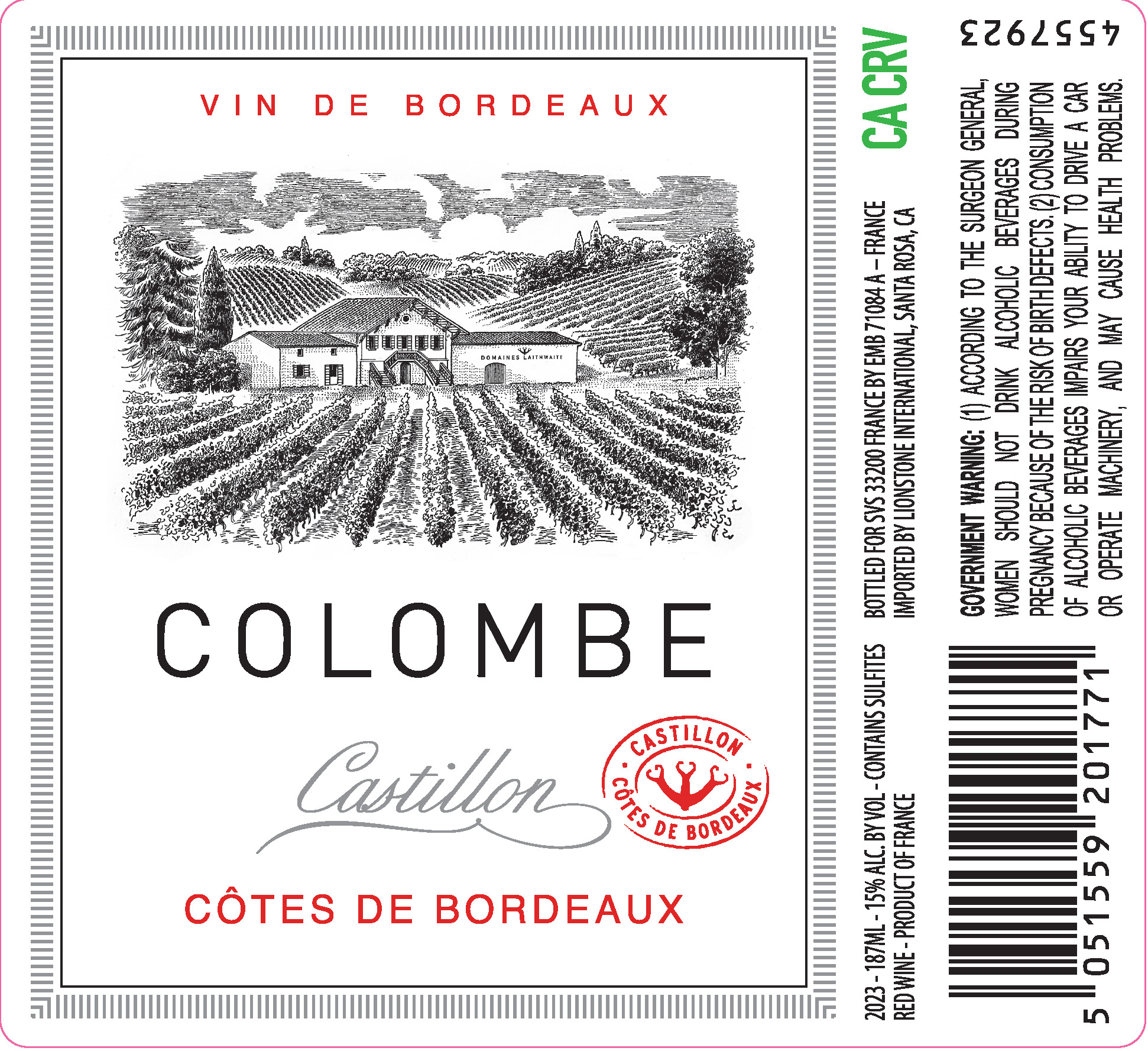 TABC label artwork for Colombe Castillon Cotes de Bordeaux Red Wine, France
