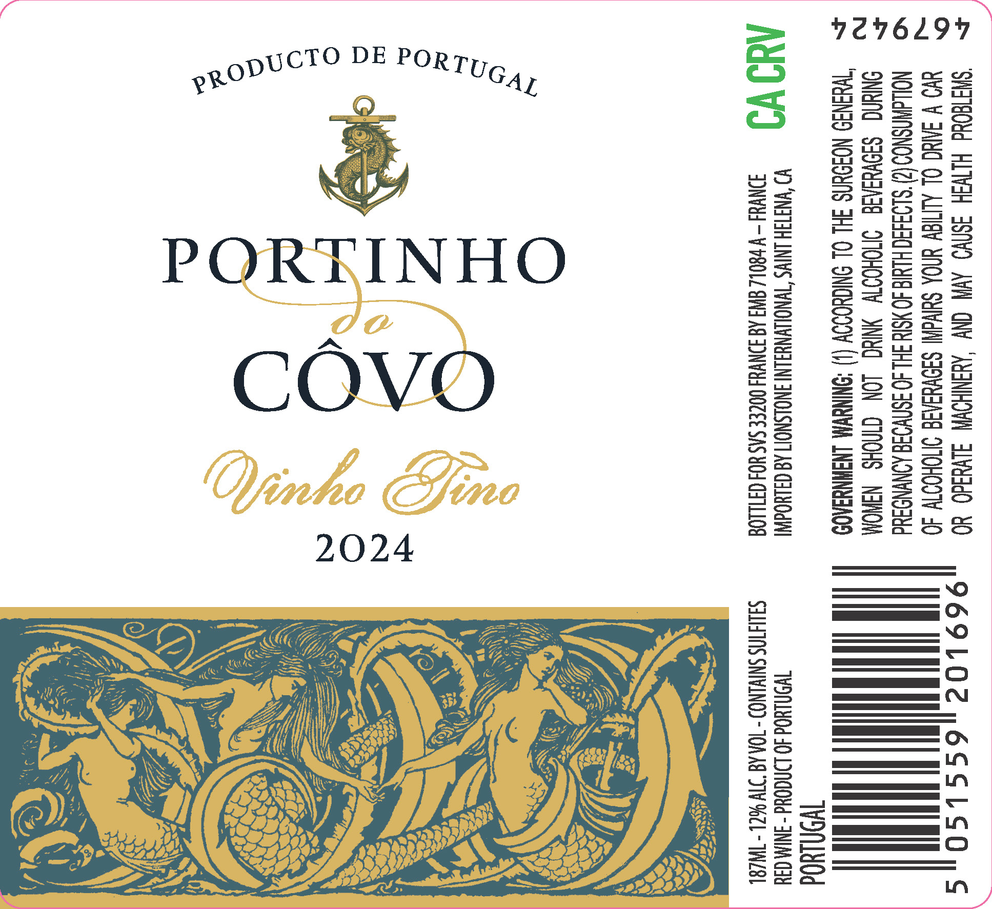 TABC label artwork for Portinho do Covo Portugal Vino Tinto Red Wine, Portugal