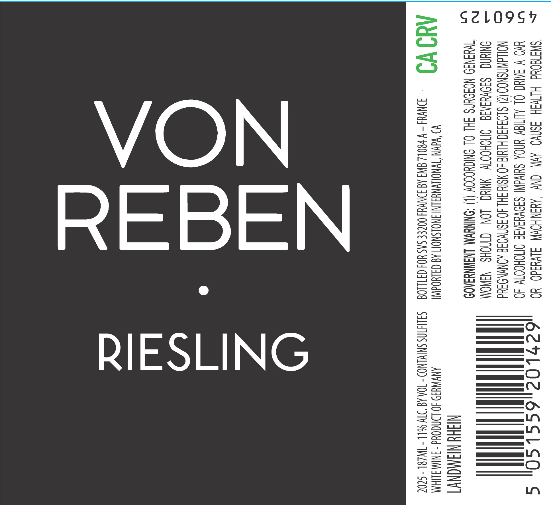 TABC label artwork for Von Reben Landwein Rhein Riesling White Wine, Germany