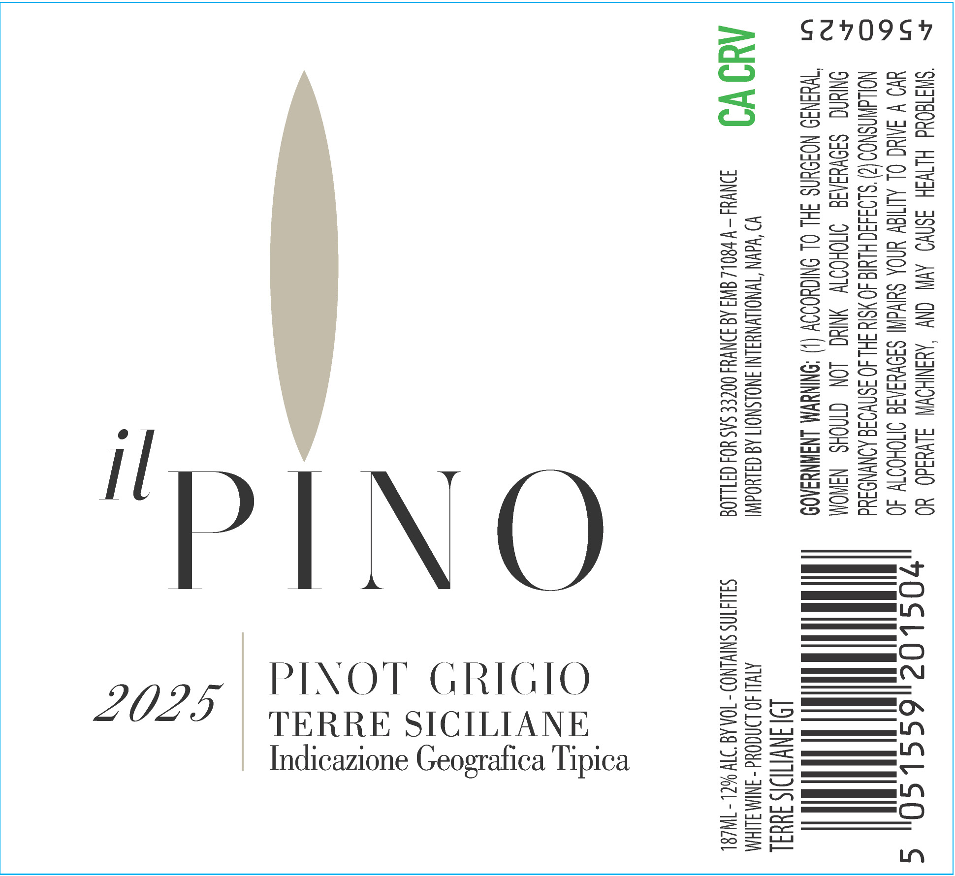TABC label artwork for Il Pino Terre Siciliane Pinot Grigio White Wine, Italy