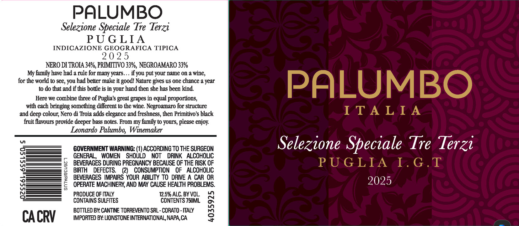 TABC label artwork for Palumbo Selezione Speciale Tre Terzi Puglia Nero di Troia, Primitivo, Negroamaro, Italy