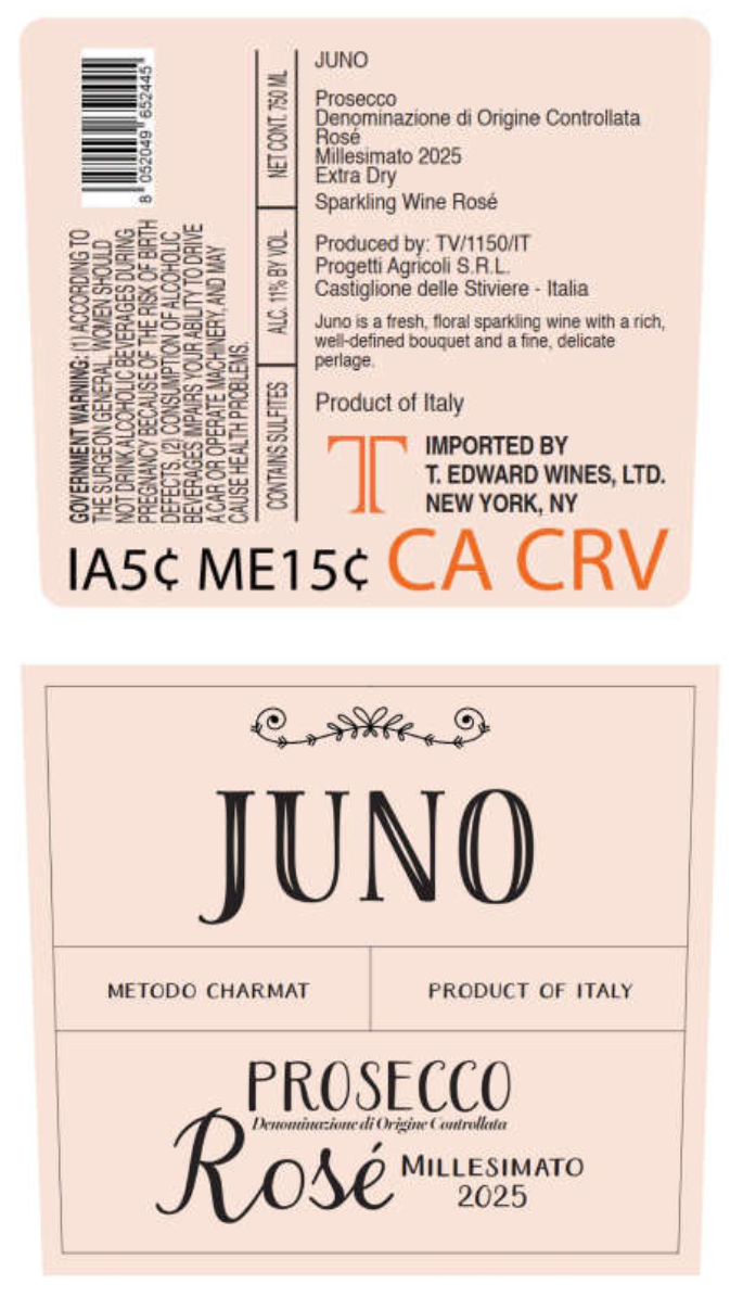 TABC label artwork for Juno Prosecco Rose