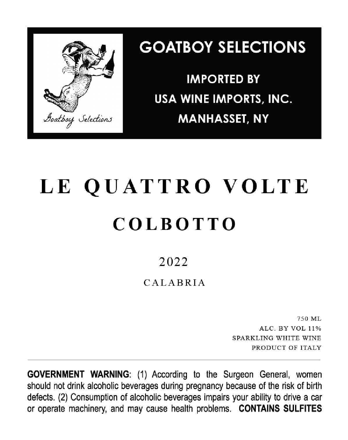 TABC label artwork for Le Quattro Volte Colbotto Calabria Sparkling Wine
