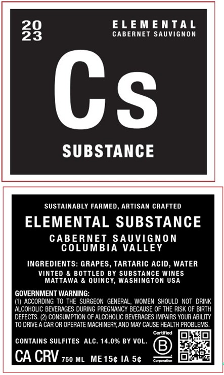 TABC label artwork for SUBSTANCE CABERNET SAUVIGNON COLUMBIA VALLEY ELEMENTAL