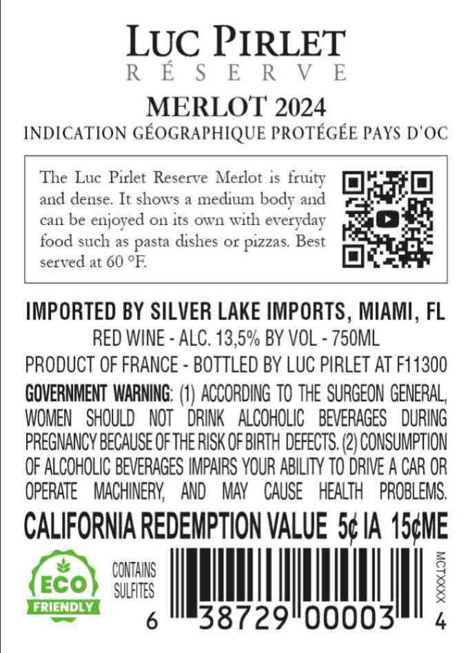 TABC label artwork for Luc Pirlet Reserve Merlot