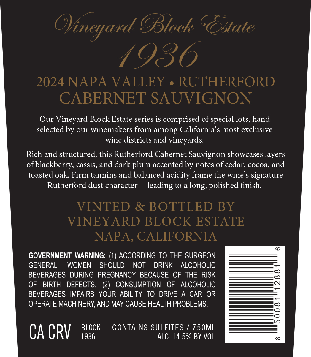 TABC label artwork for Vineyard Block Estate Cabernet Sauvignon Rutherford #1936