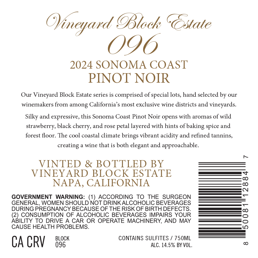 TABC label artwork for Vineyard Block Estate Pinot Noir Sonoma Coast #096