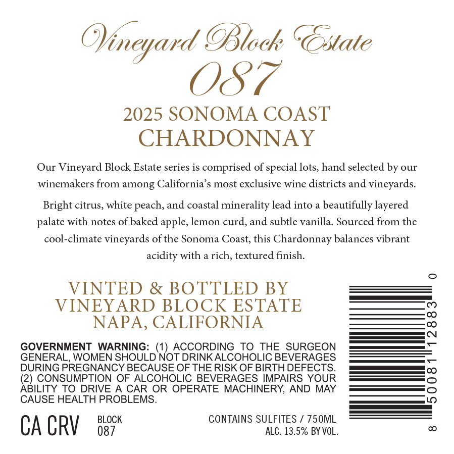 TABC label artwork for Vineyard Block Estate Chardonnay Sonoma Coast