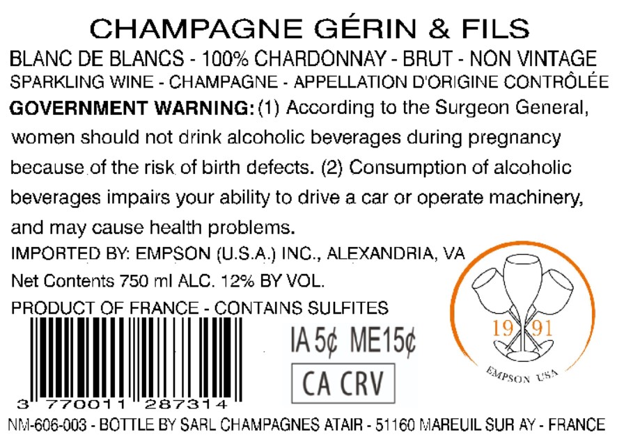 TABC label artwork for CHAMPAGNE GERIN & FILS BLANC DE BLANCS CHARDONNAY