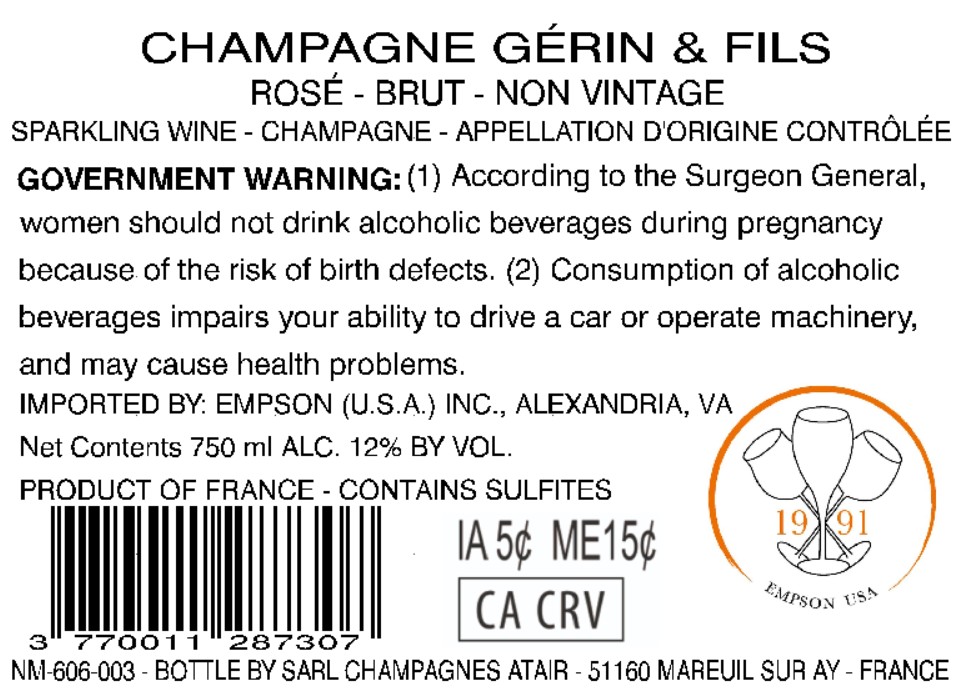 TABC label artwork for CHAMPAGNE GERIN & FILS ROSE BRUT