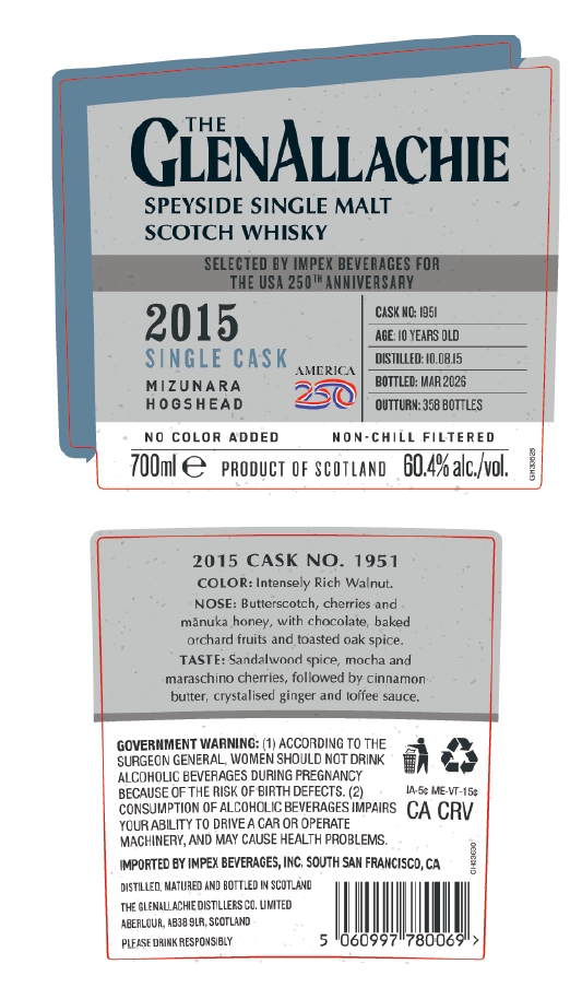 TABC label artwork for THE GLENALLACHIE 10 YR MIZUNARA CASK
