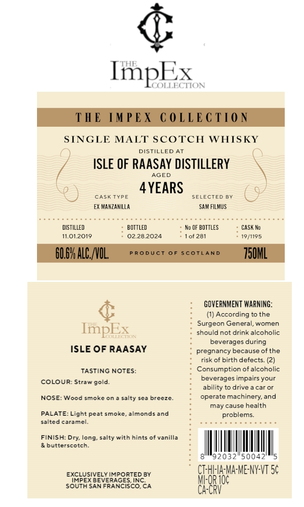 TABC label artwork for THE IMPEX COLLECTION ISLE OF RAASAY 4 YR PEATED MANZANILLA CASK