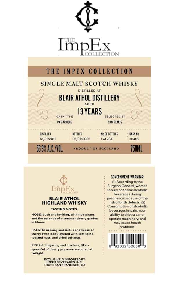 TABC label artwork for THE IMPEX COLLECTION BLAIR ATHOL 13 YR 1ST FILL SHERRY HHD