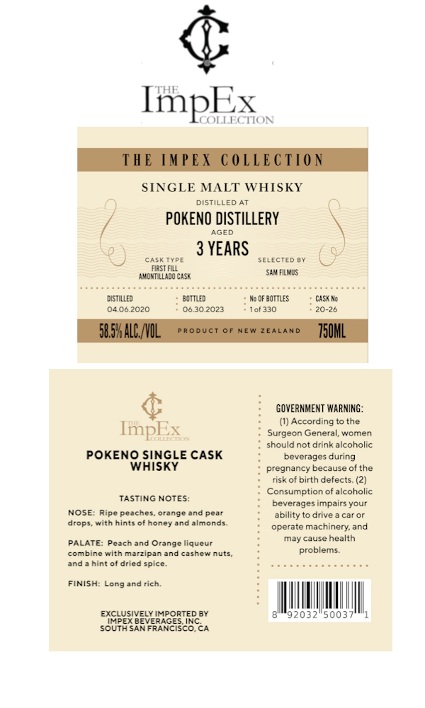 TABC label artwork for THE IMPEX COLLECTION POKENO 3 YR AMONTILLADO CASK