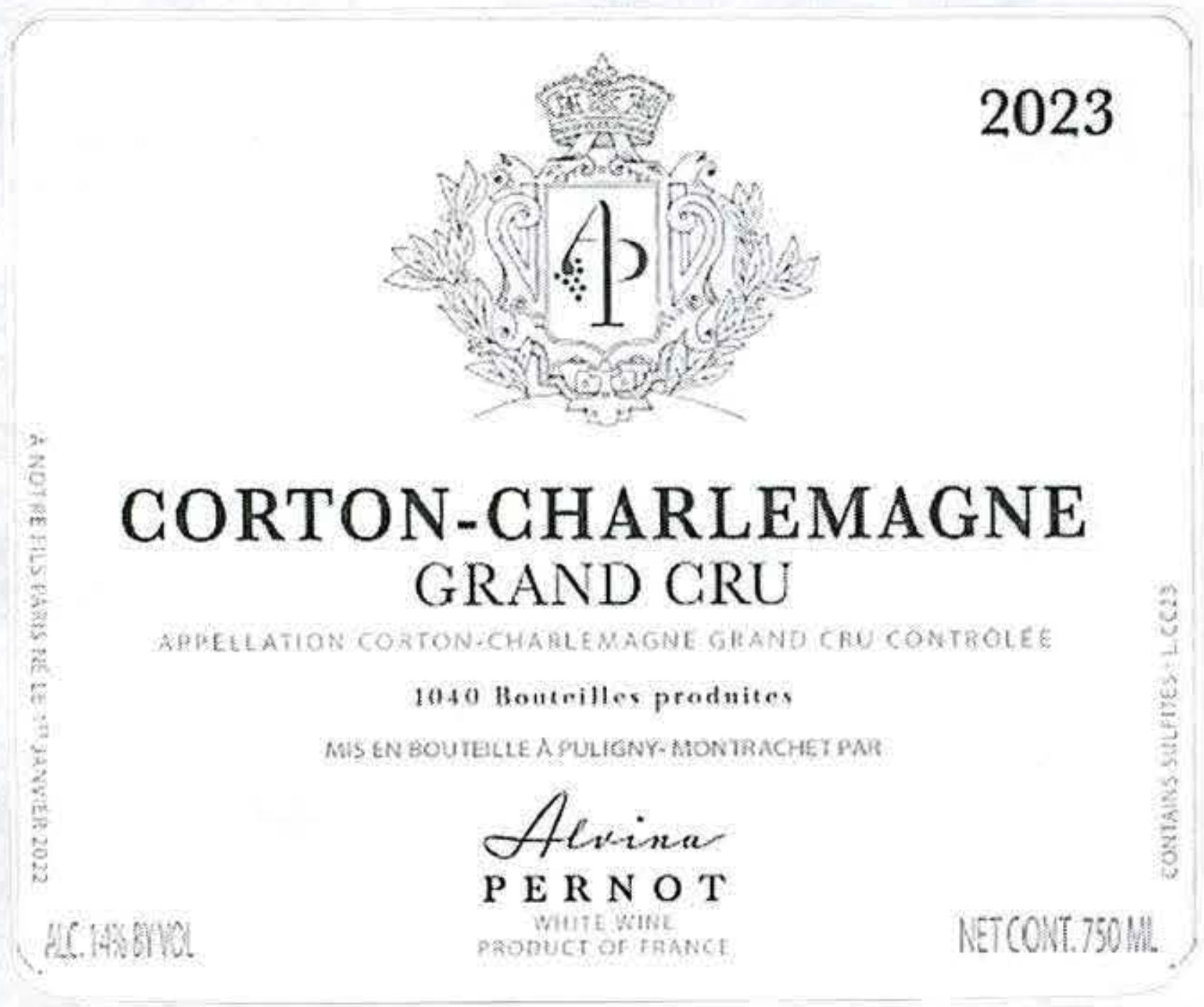TABC label artwork for ALVINA PERNOT CORTON CHARLEMAGNE