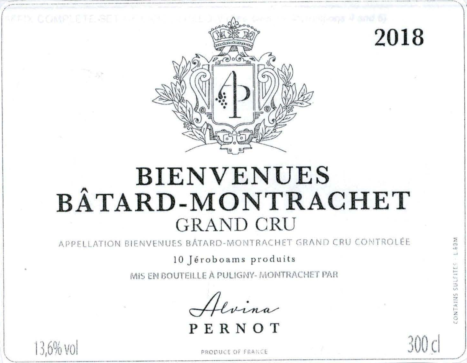 TABC label artwork for ALVINA PERNOT BIENVENUES BATARD MONTRACHET