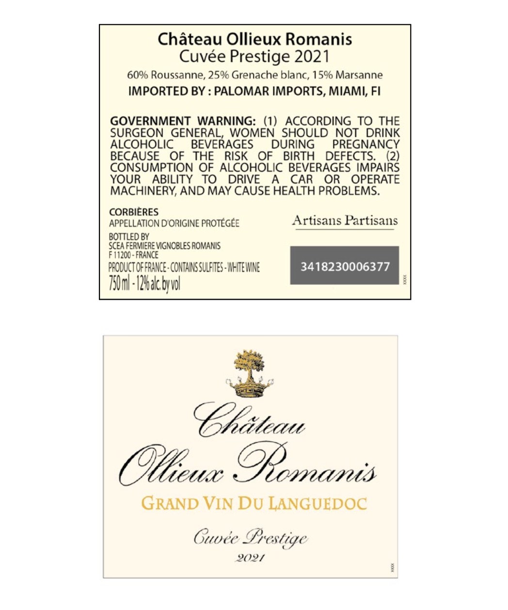 TABC label artwork for Chateau Ollieux Romanis Cuvee Prestige Blanc