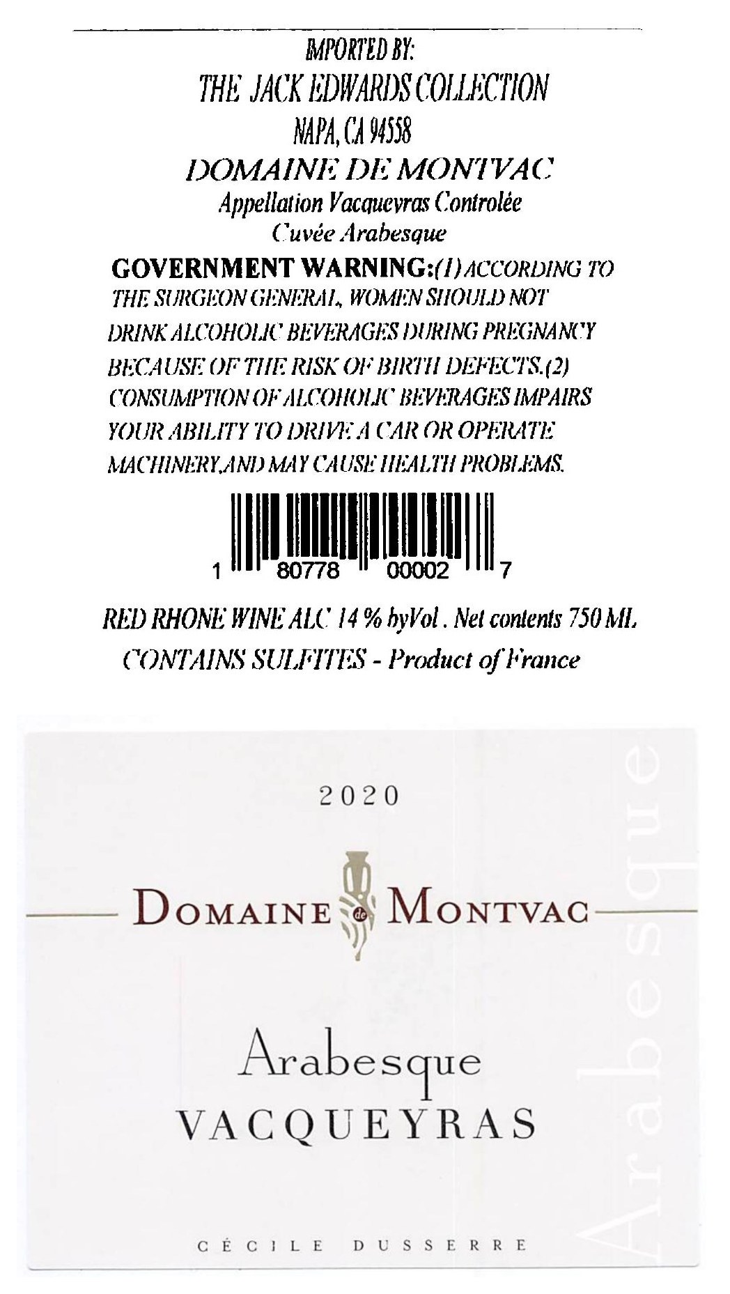 TABC label artwork for Domaine de Montvac Vacqueras Arabesque