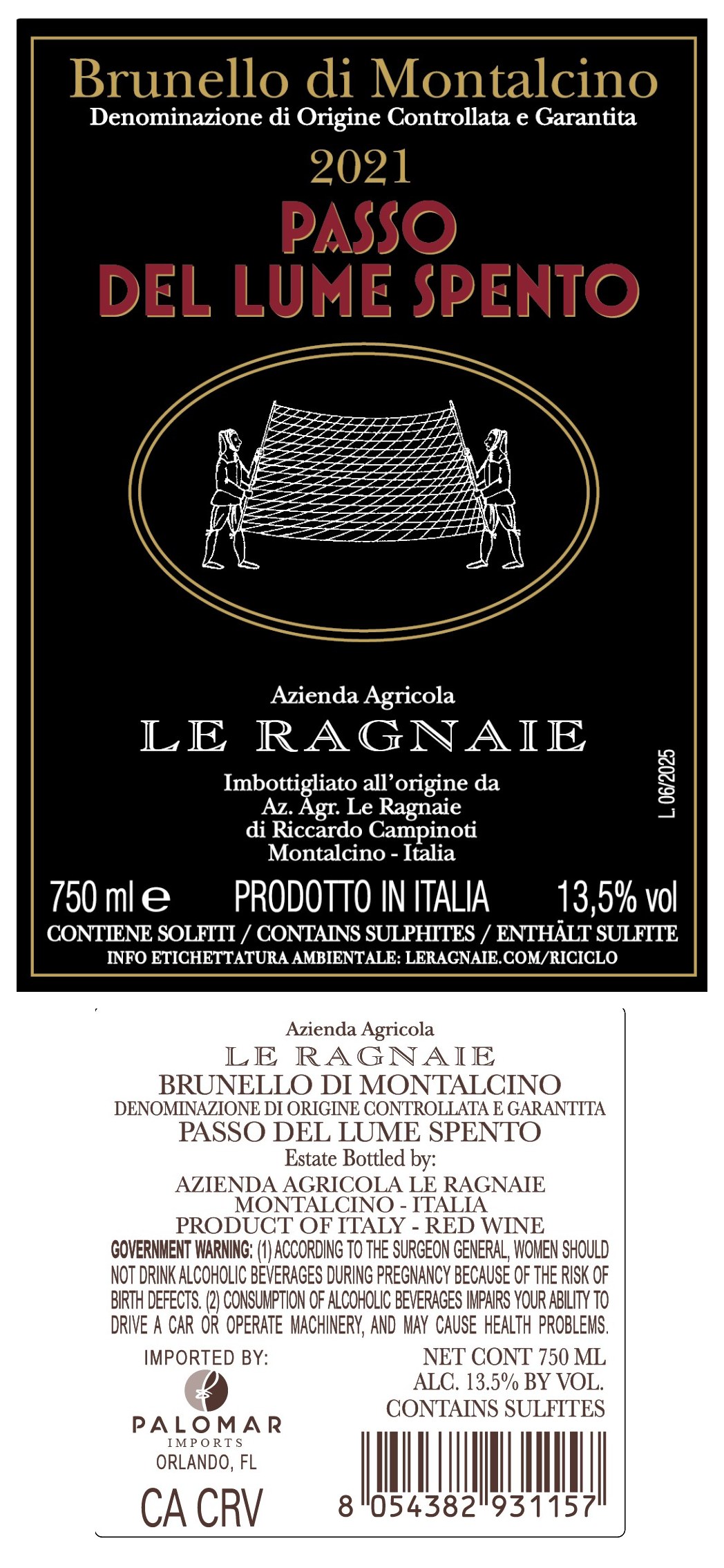 TABC label artwork for Le Ragnaie Brunello Di Montalcino Paso Del Lume Spento