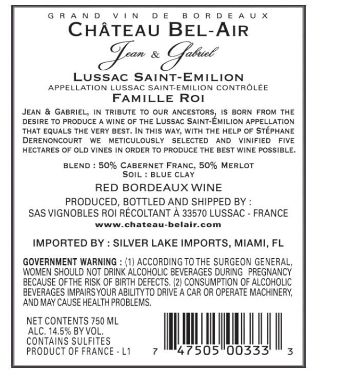 TABC label artwork for Chateau Bel-Air Jean Gabriel Lussac