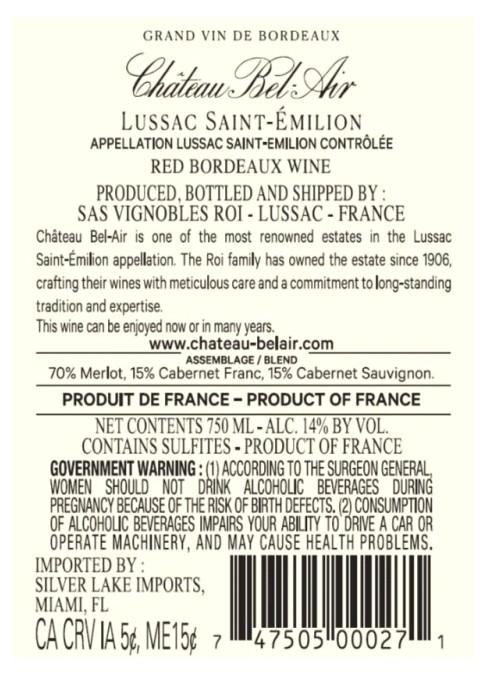 TABC label artwork for Chateau Bel-Air Lussac St Emilion