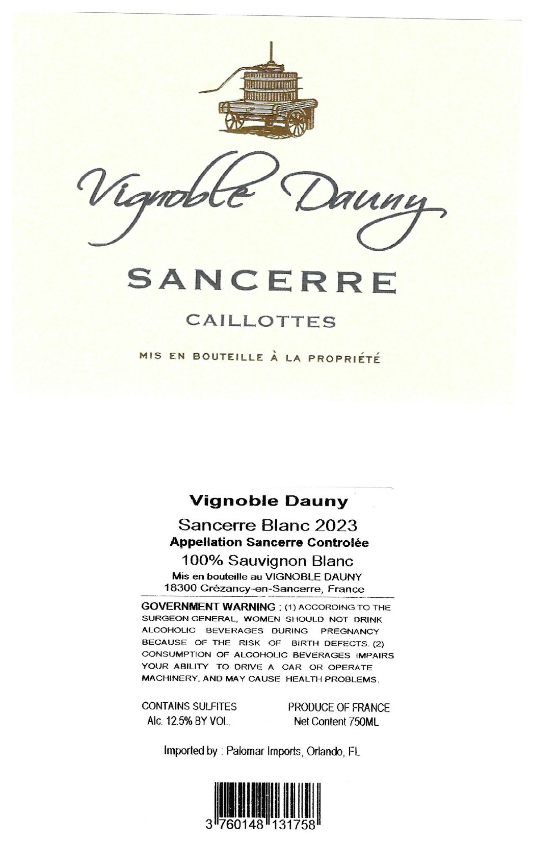 TABC label artwork for Vignoble Dauny Sancerre Les Caillottes Sauvignon Blanc
