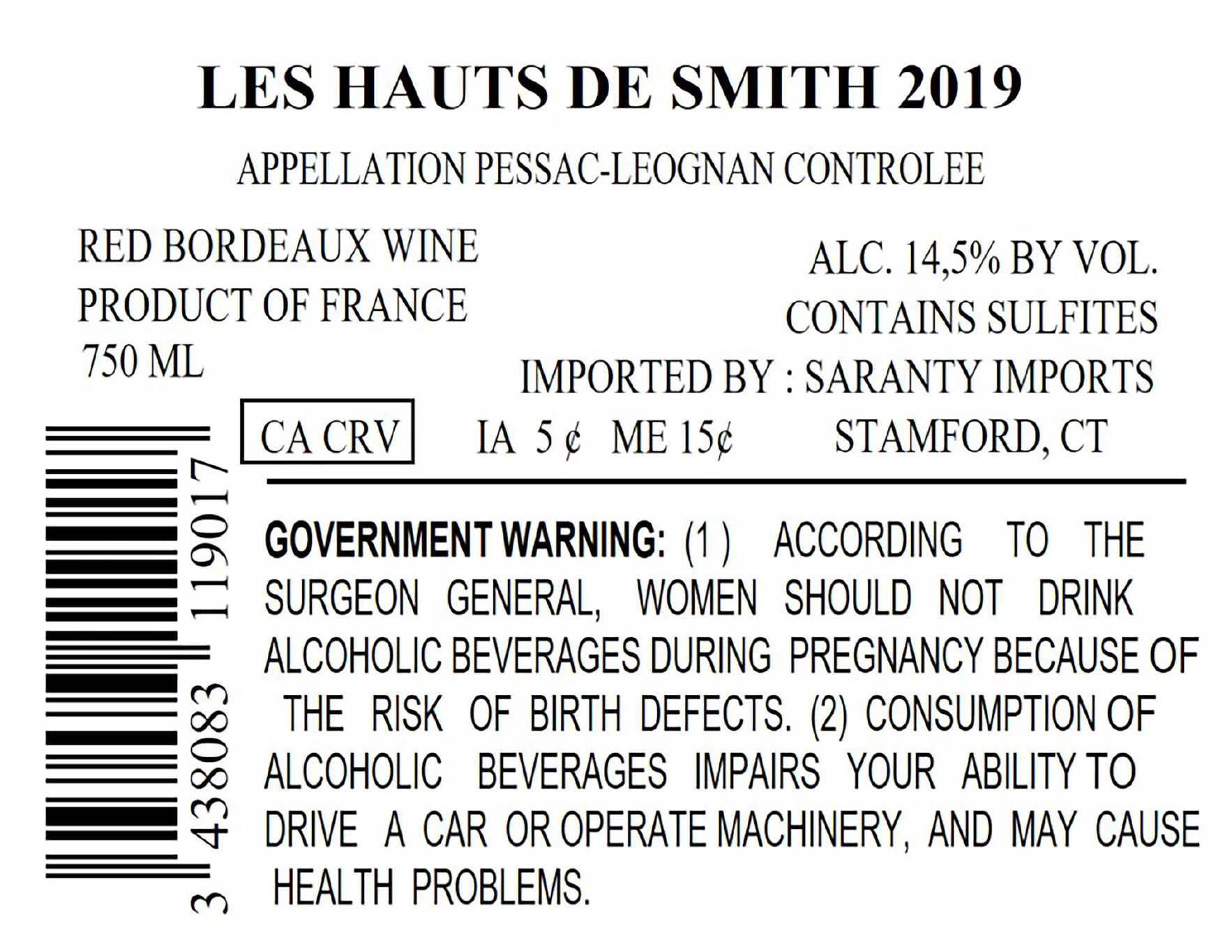 TABC label artwork for Les Hauts de Smith