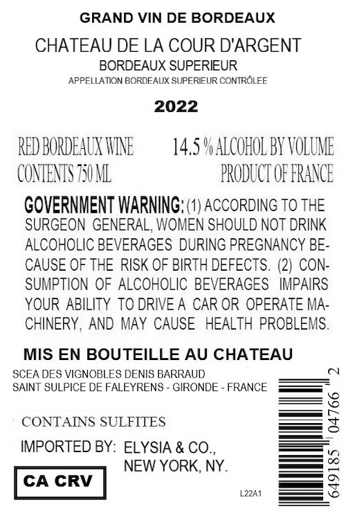 TABC label artwork for Chateau De La Cour D'Argent Bordeaux Superieur