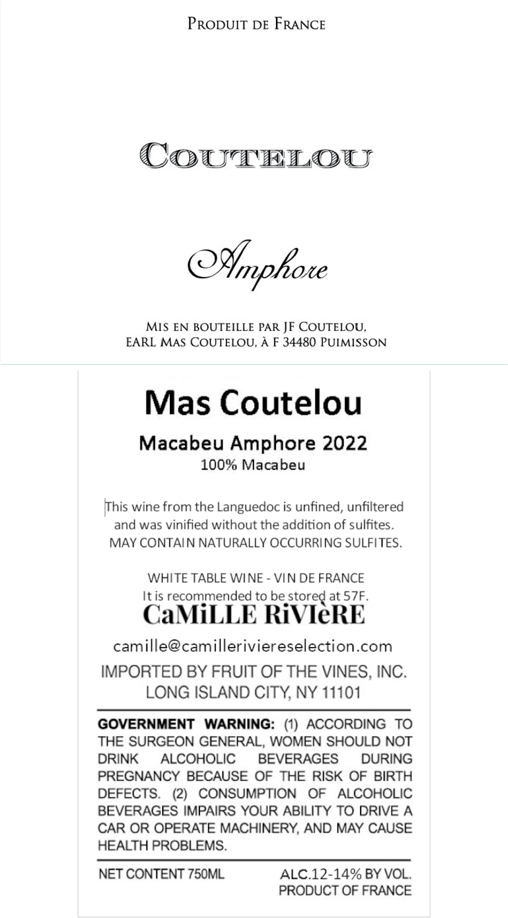 TABC label artwork for Mas Coutelou Amphore Vin De France White