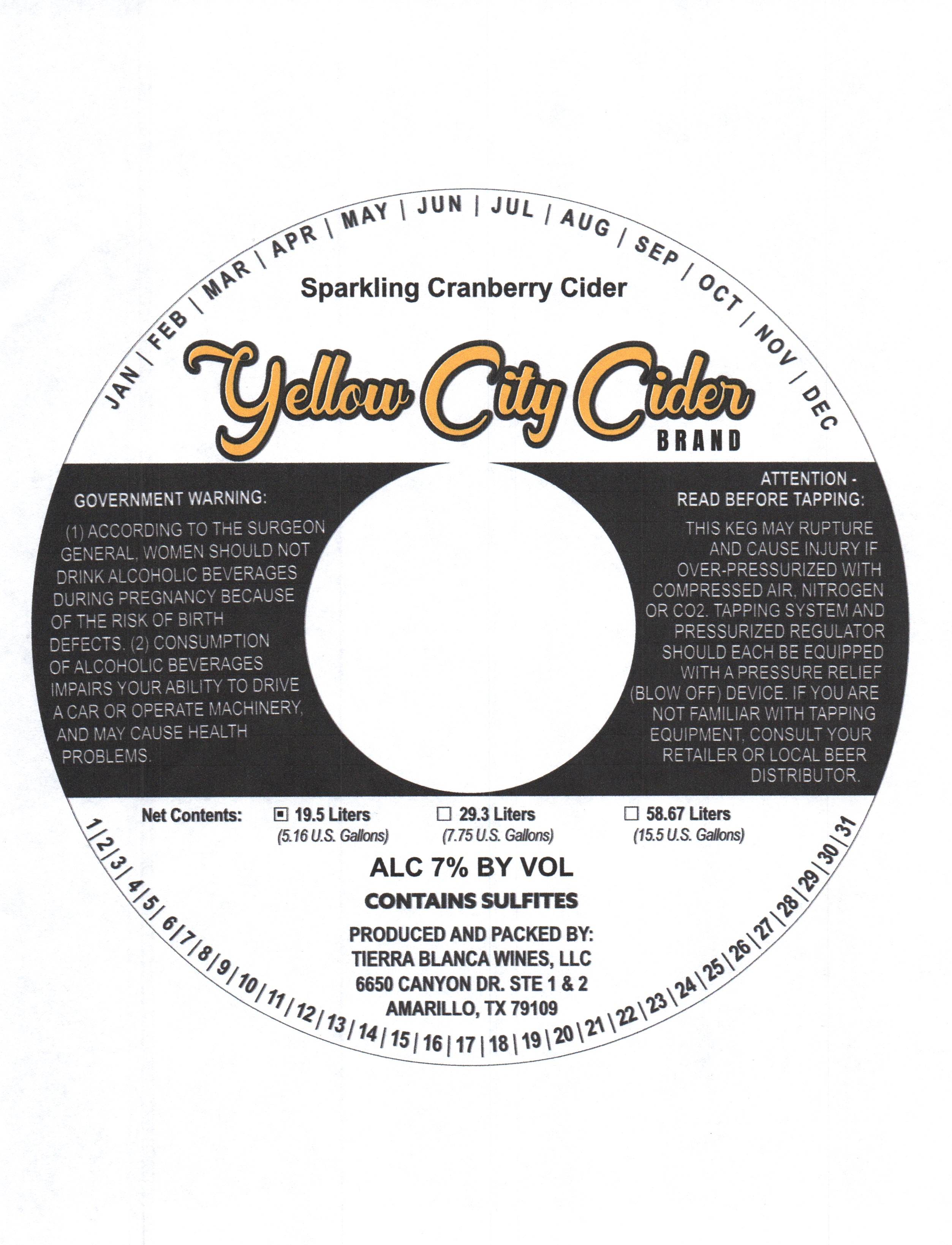 TABC label artwork for Yellow City Cider Sparkling Cranberry Cider