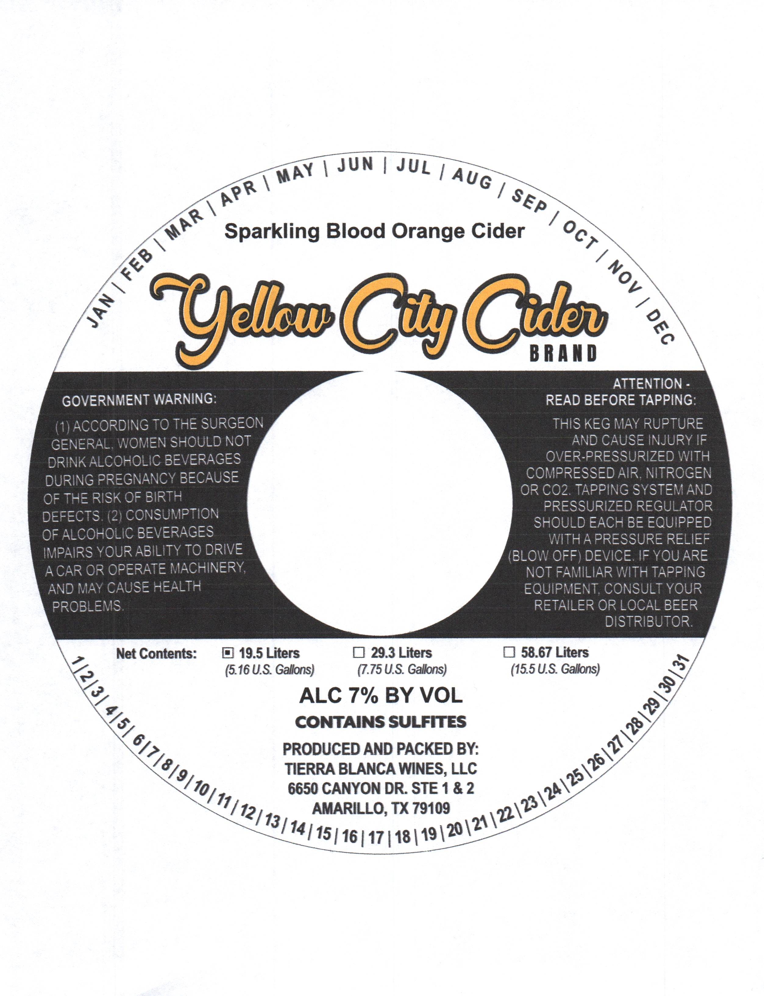 TABC label artwork for Yellow City Cider Sparkling Blood Orange Cider