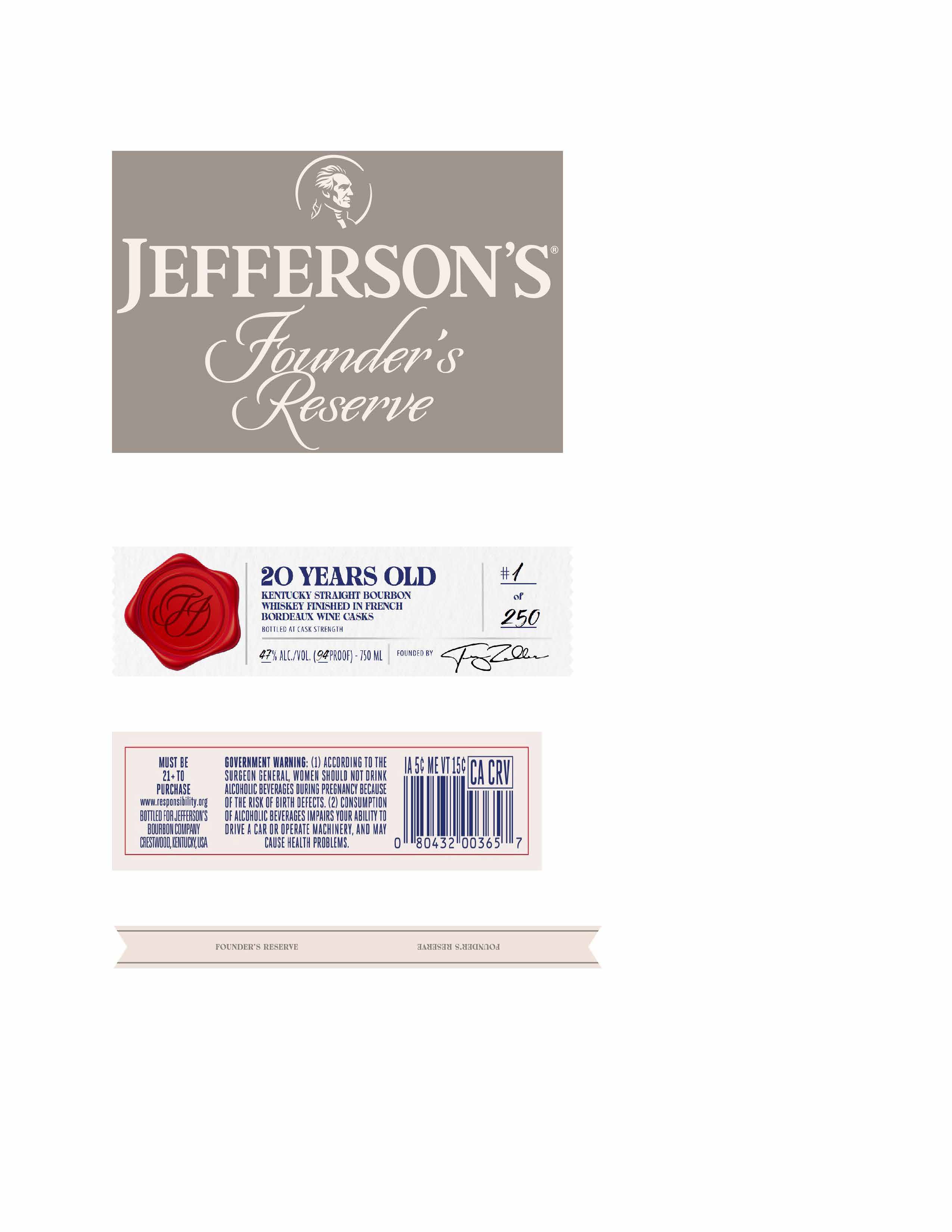 TABC label artwork for Jefferson's Founder's Reserve 20 YO