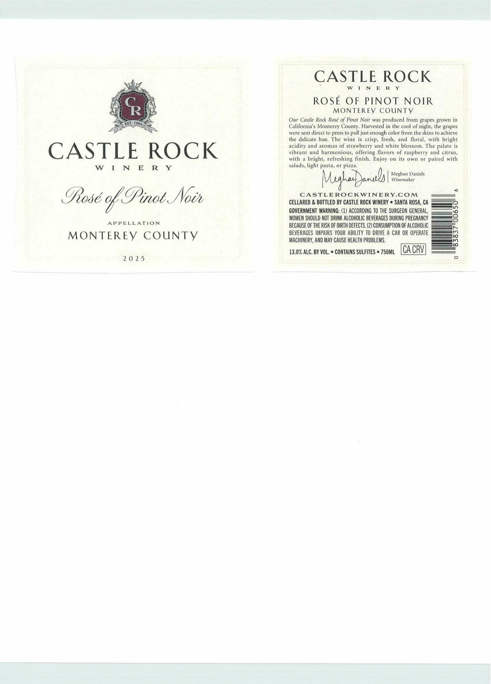 TABC label artwork for Castle Rock Winery Rose of Pinot Noir Monterey