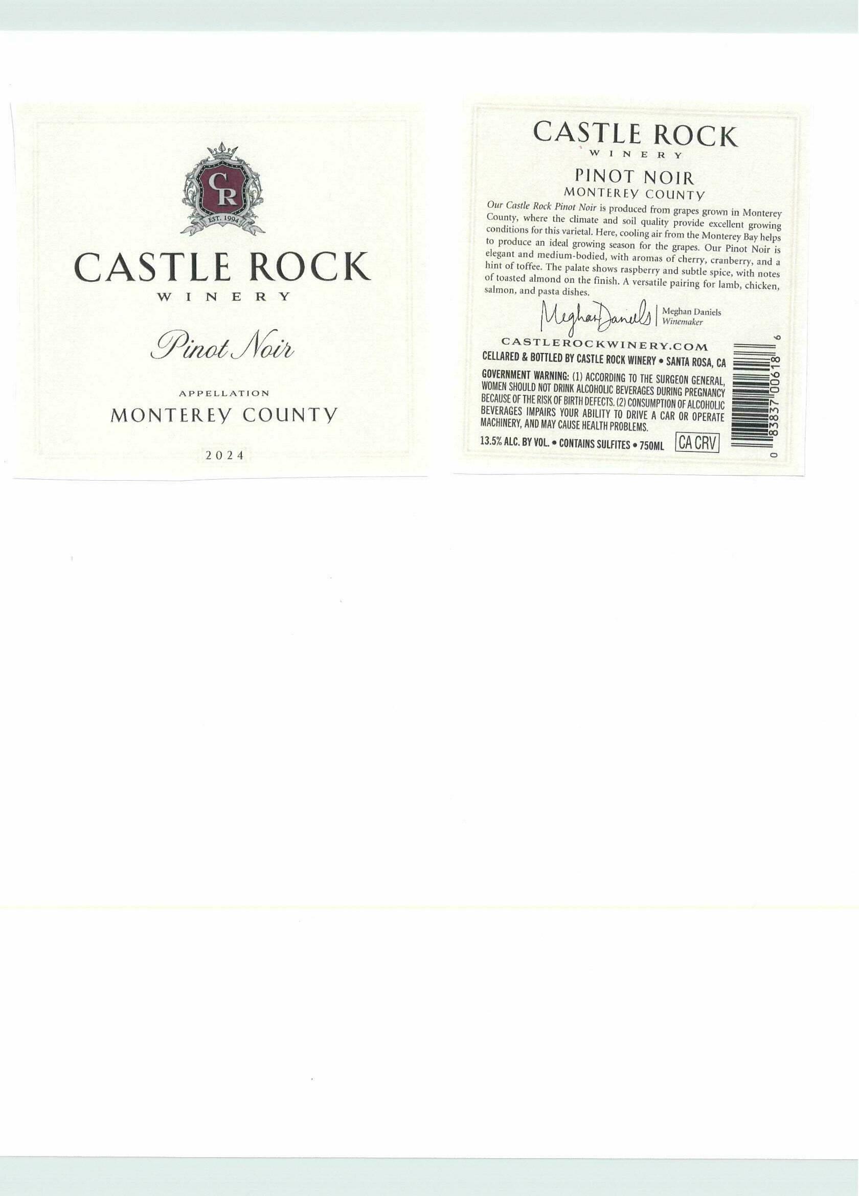 TABC label artwork for Castle Rock Winery Pinot Noir Monterey