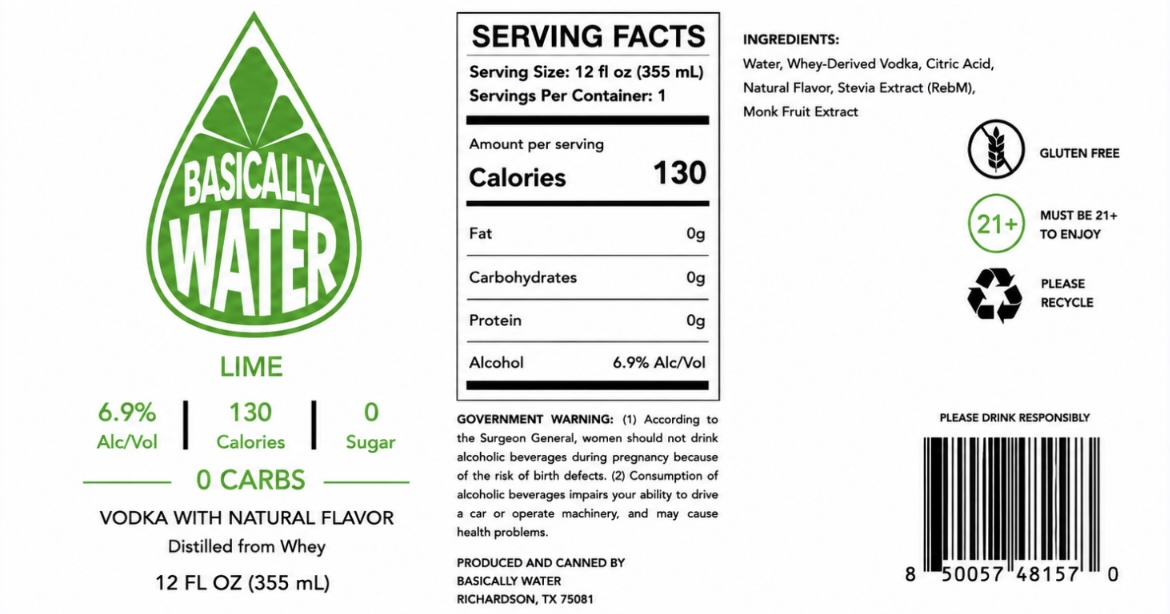 TABC label artwork for Basically Water Lime