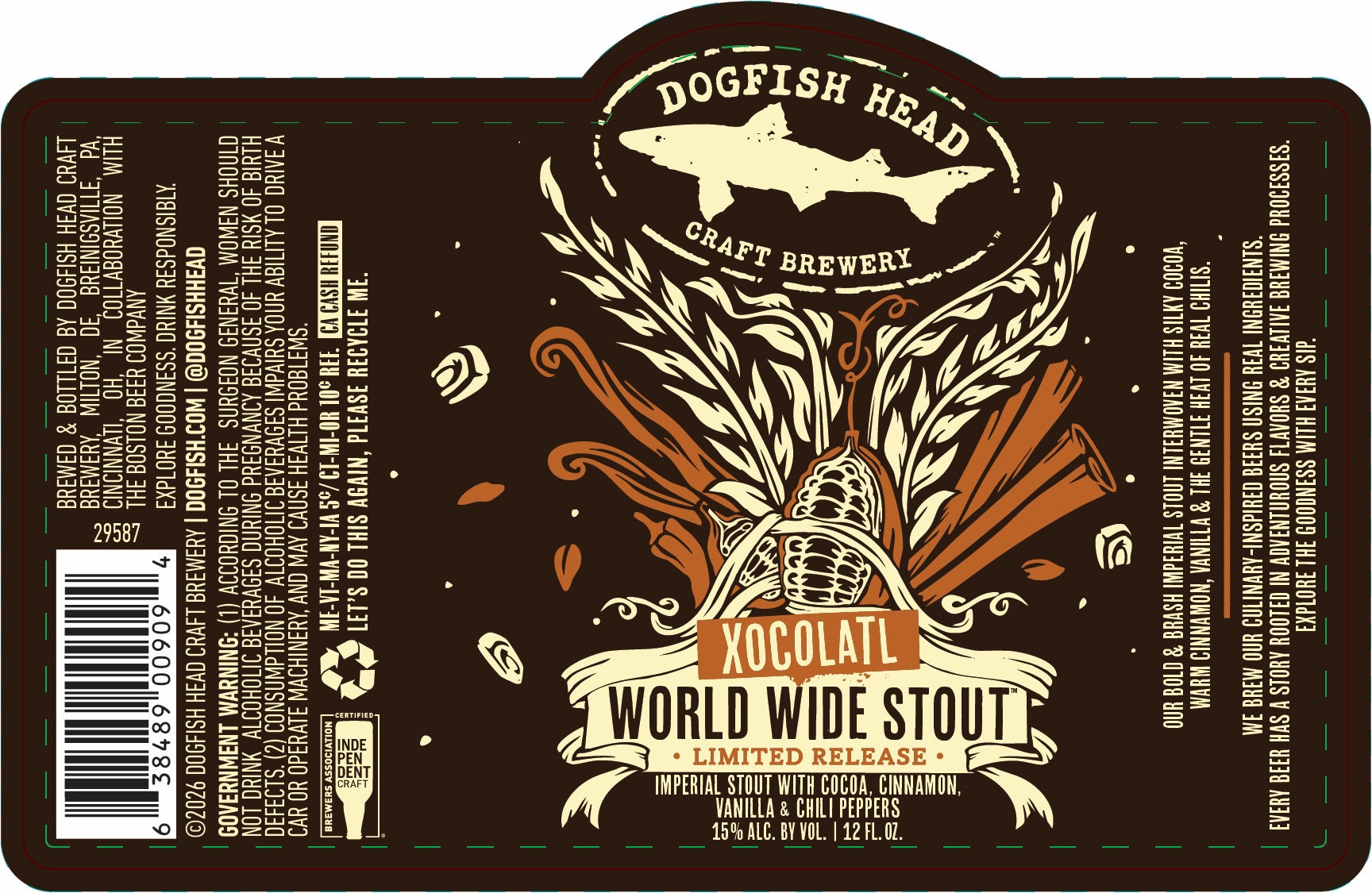 TABC label artwork for Dogfish Head Xocolatl World Wide Stout
