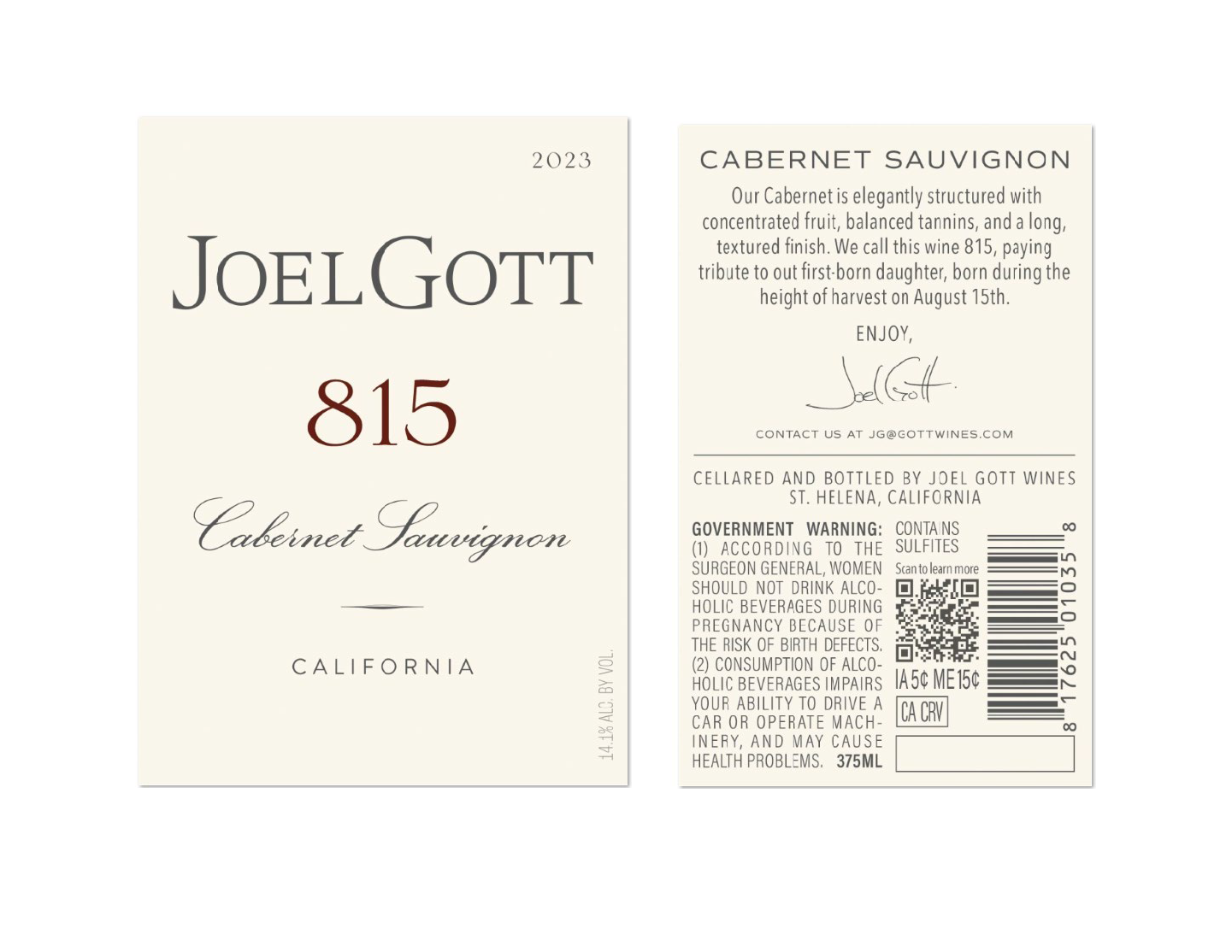 TABC label artwork for Joel Gott 815 Cabernet Sauvignon Ca 375ML