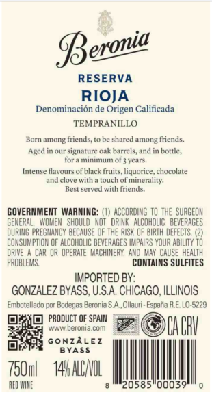 TABC label artwork for Beronia Reserva Tempranillo Rioja
