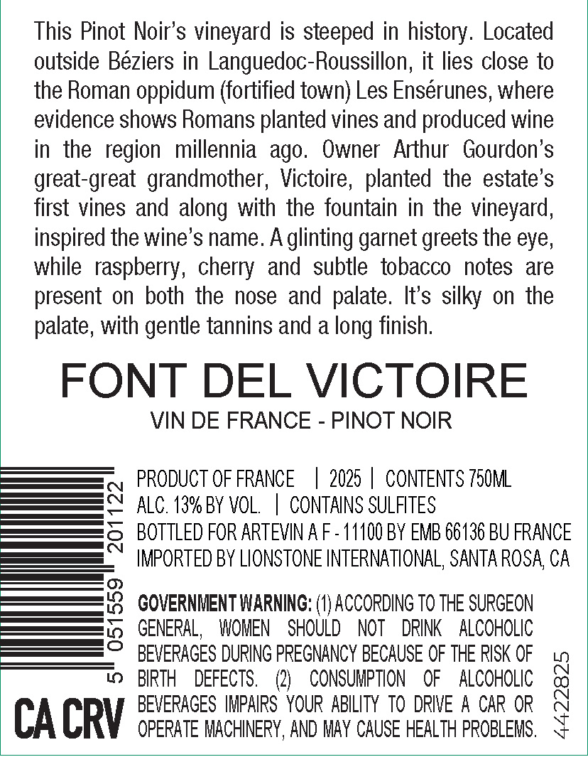 TABC label artwork for Font del Victoire Pinot Noir Vin De France