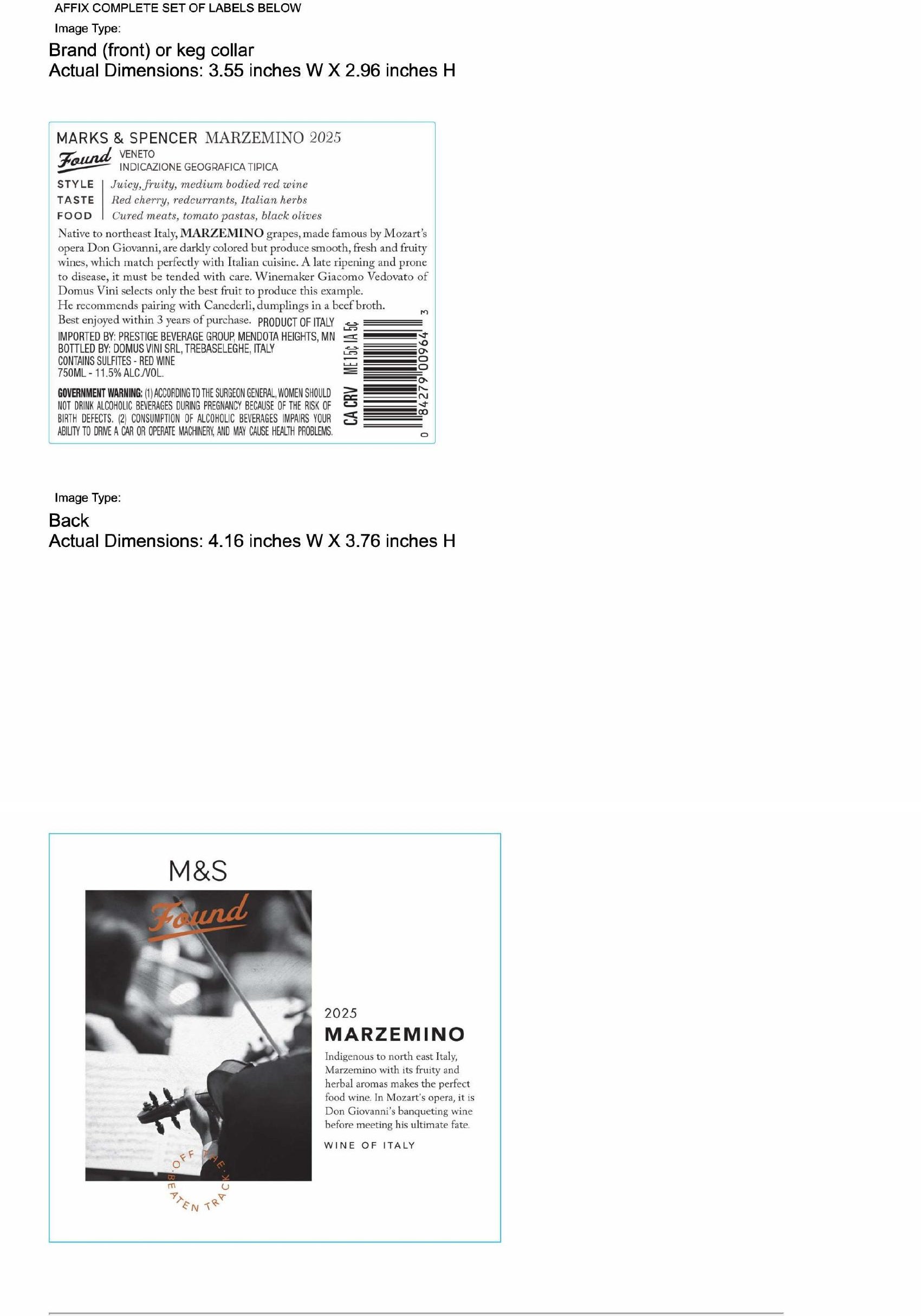 TABC label artwork for Marks & Spencer Found Marzemino