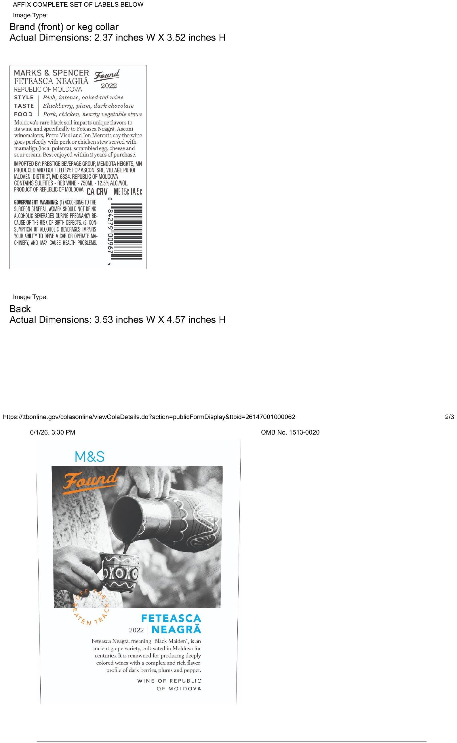 TABC label artwork for Marks & Spencer Found Feteasca Neagra